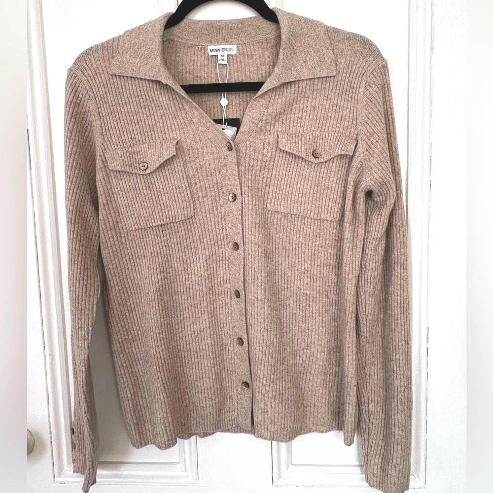 Minnie Rose Ribbed Cashmere Button-Down Sweater Cardigan, XS
